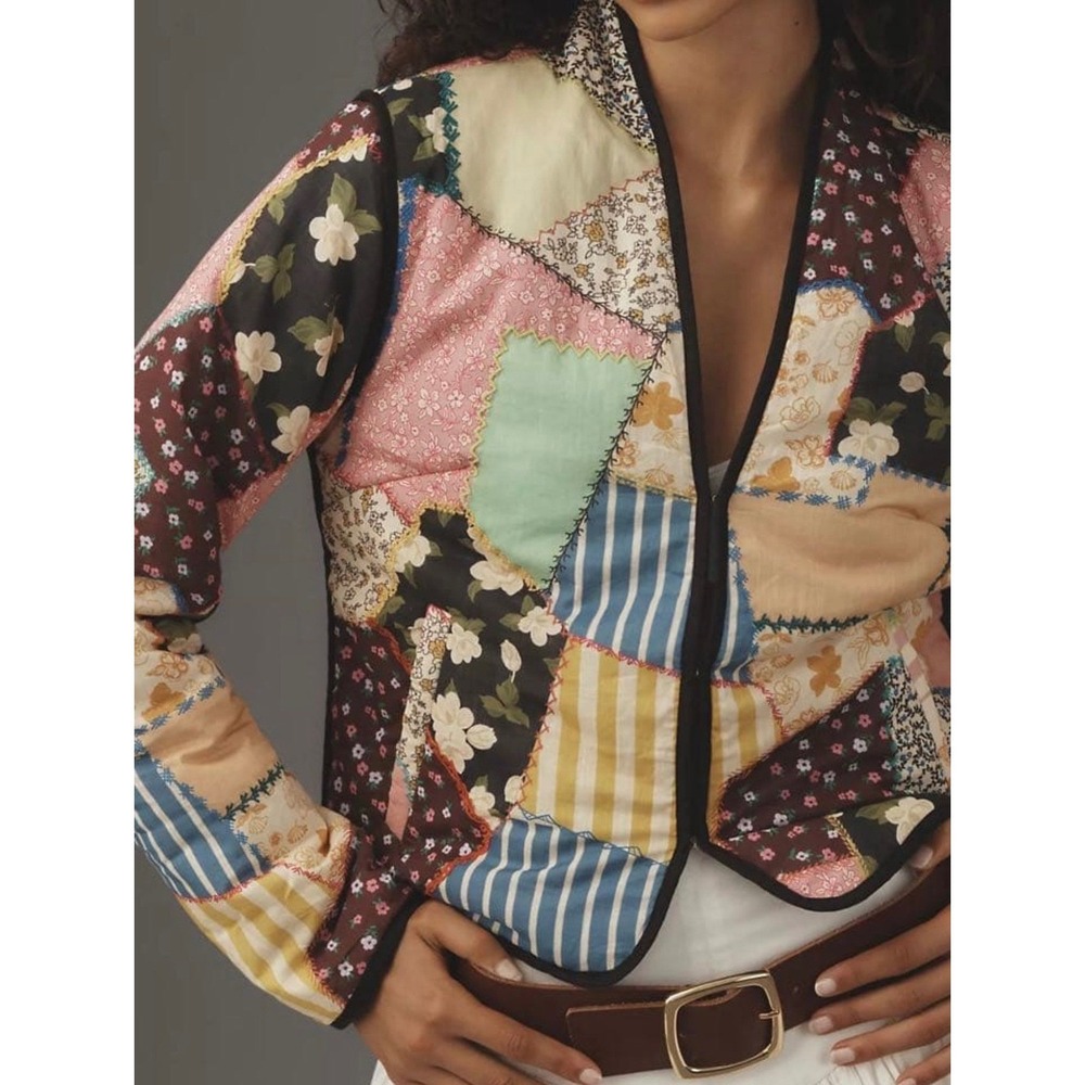 Anthropologie Patchwork Quilted Jacket Multi Color Floral Striped Cropped M